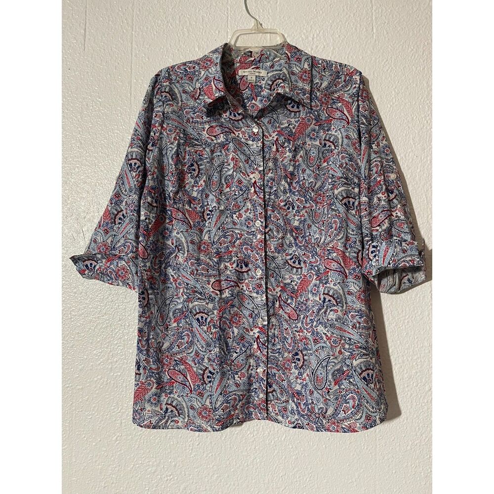 Studio Works Woman 1X Red Blue Paisley Roll Tab Sleeve Button Down Shirt